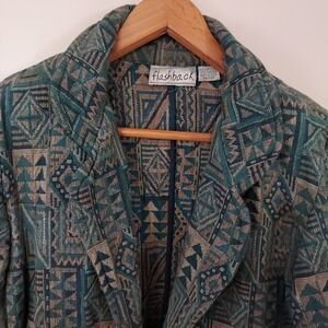 Flashback Womens L Blazer Jacket Tapestry Jacquard Southwestern Teal Tan Brocade